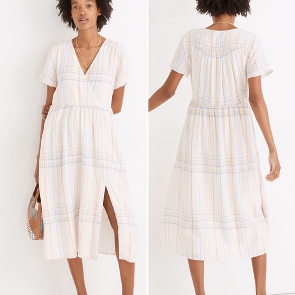 Madewell Clara linen blend cream pastel plaid midi dress with pockets medium - Picture 1 of 6